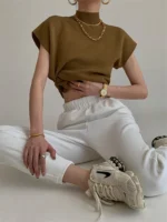 Fashion Vest Shirt Solid Stand-up Collar Knitted Sweater Short Sleeve Office - Image 4