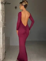 Hugcitar Spring Elegant Long Sleeve Backless Solid Cuched Sexy Bodycon Maxi Prom Dress - Image 3
