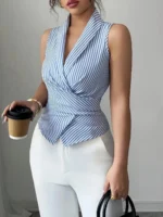 Women's Elegant Sleeveless V-Neck Blouse with Bow Belt Detail - Light Blue & White Striped Top - Image 3
