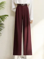 Burgundy Suits Pants for Women Office Lady Elegant High Waist Wide Leg Fashion - Image 2