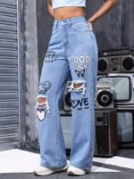 Women's High Waist Button Up Butterfly Print Jeans Fashion - Image 4