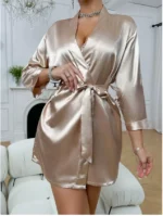 Women's Short Kimono Robe Silky Satin Sleepwear Soft Nightgown