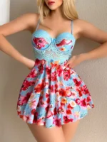 Women's Lace Underwire Floral Babydoll Nightgown，Flowy Lingerie Dress, one-piece sleep skirt