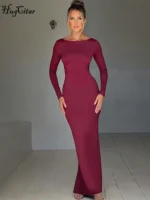Hugcitar Spring Elegant Long Sleeve Backless Solid Cuched Sexy Bodycon Maxi Prom Dress - Image 4