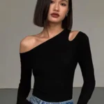 Fashion Skew Collar Off-shoulder Long-sleeved T-shirts Slim Fit Crop Top Sexy