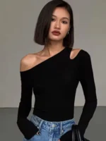 Fashion Skew Collar Off-shoulder Long-sleeved T-shirts Slim Fit Crop Top Sexy