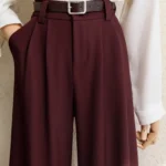 Burgundy Suits Pants for Women Office Lady Elegant High Waist Wide Leg Fashion