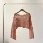 Long Sleeve Crochet Knit Top Summer Beach Bikini Cover Up Crop Pullover - Image 4