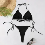 2025 New Women's Solid-color Separate Beach Wear Sexy Halter Three-point