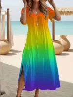 Elegant Summer Plus Size V-Neck Butterfly Print Dress - Split Hem Short Sleeve Women's Fashion - Image 3