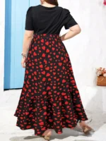 Plus size summer round neck dress with puff sleeves, short sleeves, ruffled hem, slim waist - Image 2