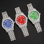 3pcs Men's Silver Watch Set Hip-hop Punk Inlay Diamond Watch+Cuban Chain+Bracelet - Image 5