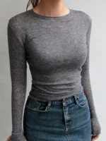 High Quality Plain T Shirt Women Elastic Basic T-shirts Female Casual Tops Long Sleeve