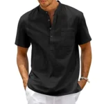 Cotton Linen Shirt Men Henley Neck Pocket Casual Beach Short Sleeve - Image 2