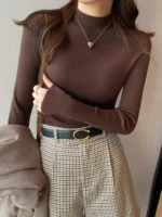 Autumn Winter Mock Neck Women Sweater Vintage Casual Slim Pullover Sweaters - Image 3