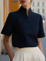 Split Neck Short Sleeve Blouse Women Elegant Stand Collar Half Sleeve Top Office Lady - Image 2