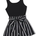 Women's Ribbed Crop Sleeveless Tank Top & Striped Print Belted Bag Waist Shorts
