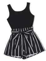 Women's Ribbed Crop Sleeveless Tank Top & Striped Print Belted Bag Waist Shorts