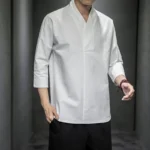 Shirts Men Solid Pullover V Neck Three Quarter Mens Kimono Shirts Traditional Streetwear - Image 5