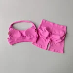 Sexy Halter Neck Beautiful Back High Waist Peach Sports Bras Shorts Suit Sets - Image 4