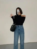 Fashion Skew Collar Off-shoulder Long-sleeved T-shirts Slim Fit Crop Top Sexy - Image 2