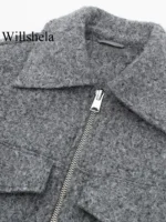 Willshela Women Fashion With Pockets Grey Front Zipper Jackets Vintage Lapel Neck Long Sleeves - Image 4