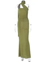 Hugcitar Halter Solid Sleeveless Backless Ruched Sexy Bodycon Maxi Prom Dress - Image 6