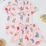 Women Short Sleeve Lapel Pajama Set Dinosaur Print Sleepwear Loungewear