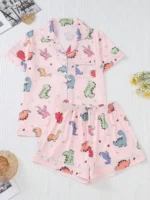 Women Short Sleeve Lapel Pajama Set Dinosaur Print Sleepwear Loungewear
