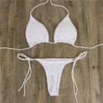 Pink Swimsuit Bikini Women Solid Color Sexy High Leg Thong Swimwear - Image 4