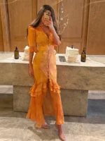 Fashion Organza Floral Printed Maxi Dress V-Neck Puff Sleeve Gown Elegant Lady Vestido - Image 2