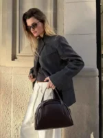HH Women Fashion Plaid Blazer Coat Stand Collar Long Sleeve Jacket - Image 5