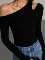 Fashion Skew Collar Off-shoulder Long-sleeved T-shirts Slim Fit Crop Top Sexy - Image 5