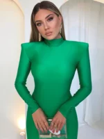 Shoulder Padded Long Sleeve Bodycon Green Long Dress - Image 2