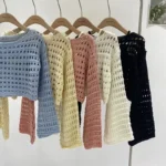 Long Sleeve Crochet Knit Top Summer Beach Bikini Cover Up Crop Pullover - Image 2
