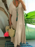 plus Size Women's Casual Loose V-Neck Solid Long Dress - Image 6