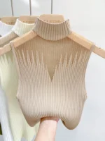 Mesh Knitted Top Women Y2K Tank Top Half Neck Vest Female Sleeveless Sweater - Image 2