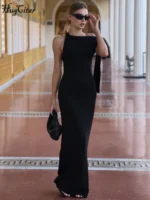 Hugcitar Fashion Solid O Neck Sleeveless Patchwork Sexy Bodycon Maxi Prom Dress - Image 5
