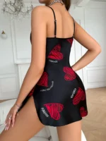 Red Lip Print Satin Slip Nightdress V Neck Backless Mini Sleep Dress Women's Sleepwear Dresses - Image 2