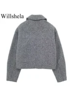 Willshela Women Fashion With Pockets Grey Front Zipper Jackets Vintage Lapel Neck Long Sleeves - Image 3