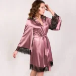 Sexy Women's Kimono Robe Lace Trimmed Satin Nightgown Bridal Wedding Sleepwear - Image 5