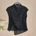 Retro Thin Shirt New Chinese Style Cheongsam Top Black Jacquard Short Sleeve T-shirt - Image 2