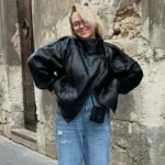 MUJER Black Faux Leather Jackets for Women Outerwears Office Women's Bomber Jacket - Image 6