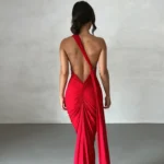 Dulzura One Shoulder Backless Ruched Slim Ribbon Long Dress Women Solid Sexy Elegant Dress