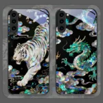 Stylish Tiger Dragon Marble Texture Printed Tempered Glass Phone Case