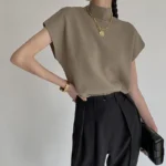 Fashion Vest Shirt Solid Stand-up Collar Knitted Sweater Short Sleeve Office - Image 3