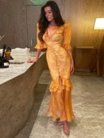 Fashion Organza Floral Printed Maxi Dress V-Neck Puff Sleeve Gown Elegant Lady Vestido - Image 4