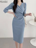 ZANZEA Women’s Sexy V-Neck Bodycon Party Dress, Ruched Waist Knee Length Dress 3/4 Sleeve - Image 2