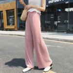 Women Fashion Summer Wide Leg Pants Pleated Ice Silk Trousers - Image 3