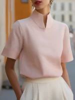 Split Neck Short Sleeve Blouse Women Elegant Stand Collar Half Sleeve Top Office Lady - Image 3